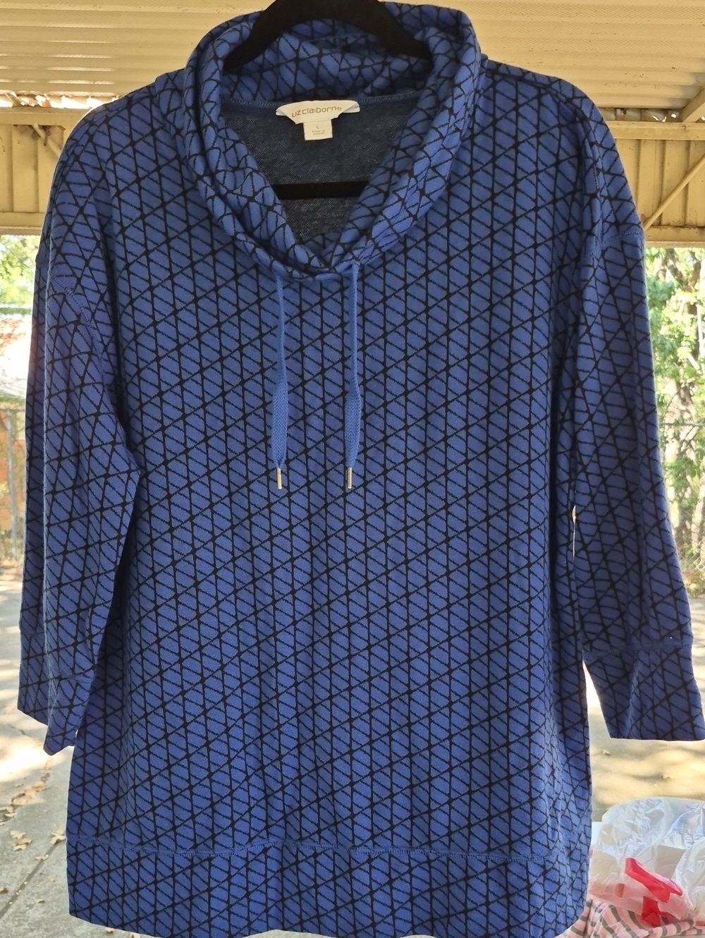 Liz Claiborne Blue Geometric Cowl Neck Pullover